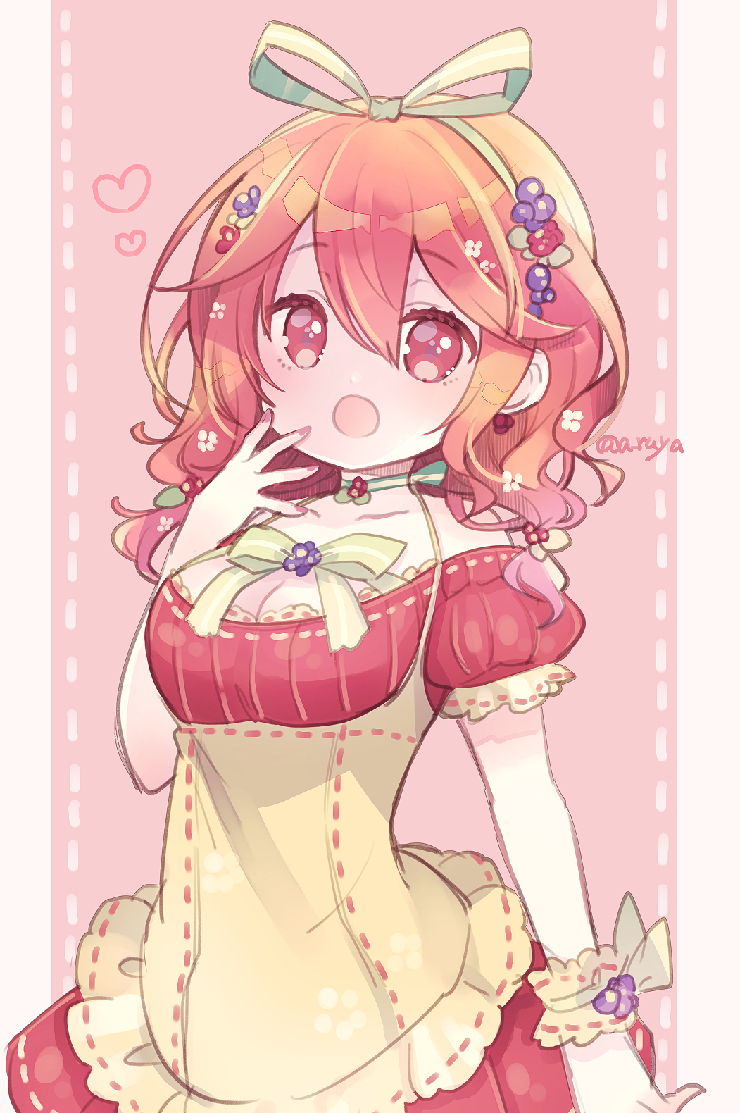 1girl :d apron aruya_(flosrota) bangs bare_shoulders blush breasts brown_apron brown_hair cleavage collarbone dotted_line dress eyebrows_visible_through_hair flower green_hairband green_ribbon hair_between_eyes hair_ribbon hairband hand_up heart highres long_hair looking_at_viewer medium_breasts nail_polish off-shoulder_dress off_shoulder open_mouth original puffy_short_sleeves puffy_sleeves red_dress red_eyes red_flower red_nails ribbon short_sleeves smile solo twitter_username wrist_cuffs