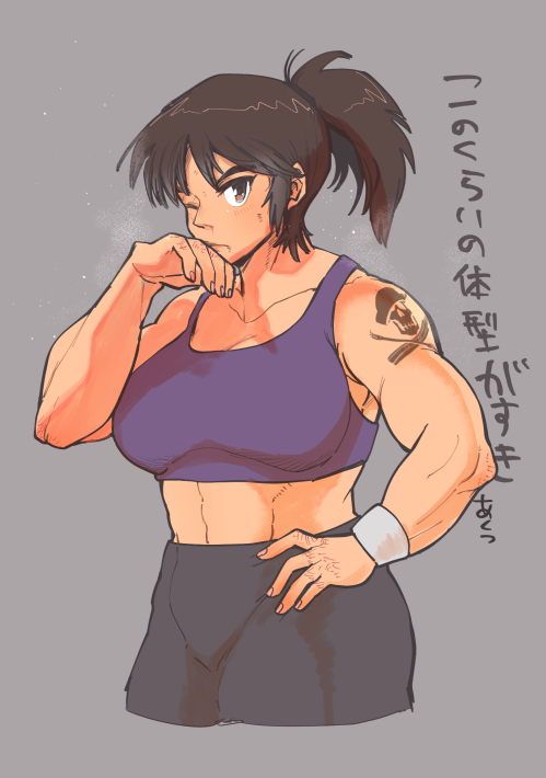 aq_sipd black_hair collarbone girls_und_panzer girls_und_panzer_saishuushou long_hair looking_at_viewer midriff murakami_(girls_und_panzer) navel ponytail shorts skull_and_crossbones solo sports_bra sweat tattoo toned translation_request