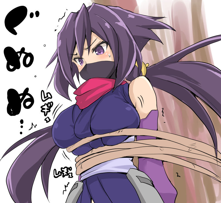 1girl asahi_(fullmetal_madness) ayame_(gundam_build_divers) bangs bdsm bondage bound breasts commentary_request detached_sleeves gundam gundam_build_divers hip_armor japanese_clothes kimono large_breasts mask mouth_mask ninja ninja_mask purple_eyes purple_hair red_scarf rope scarf short_kimono sidelocks sleeveless solo split_ponytail translation_request