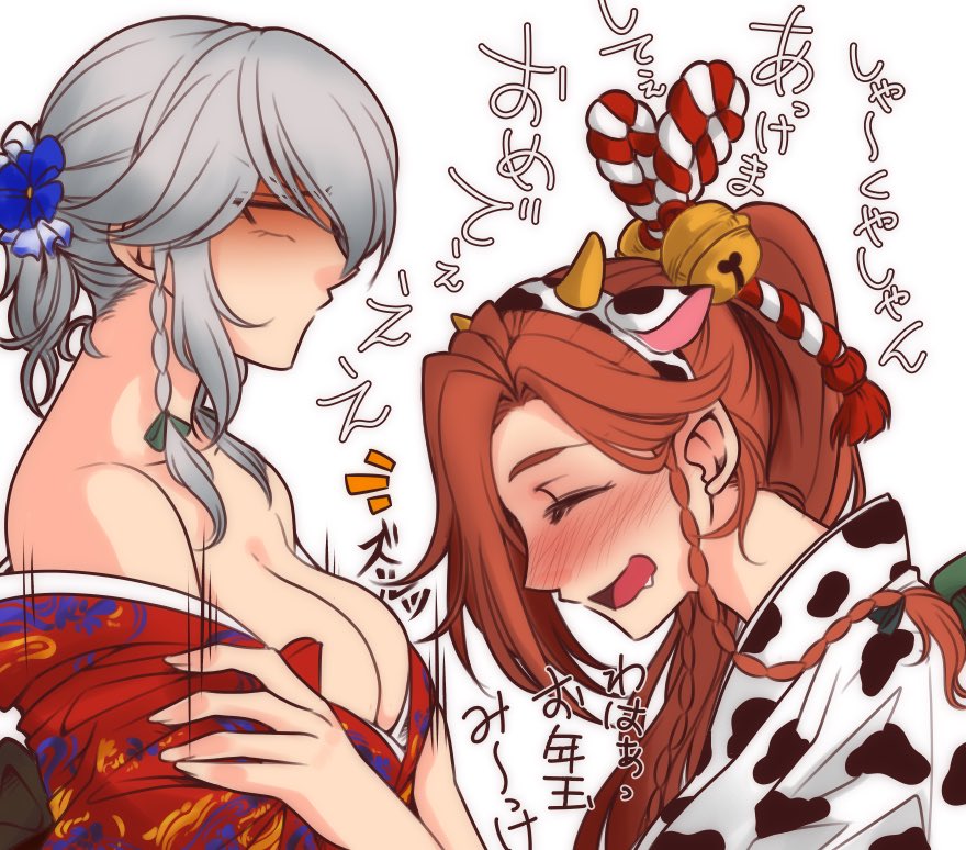 2girls alternate_costume alternate_hairstyle animal_ears animal_print bell blush braid breast_grab breasts chinese_zodiac cleavage closed_eyes commentary_request cow_print drooling fake_animal_ears from_side grabbing grey_hair hair_bell hair_ornament hong_meiling izayoi_sakuya multiple_girls neko_majin profile shaded_face touhou translation_request upper_body white_background year_of_the_ox yuri