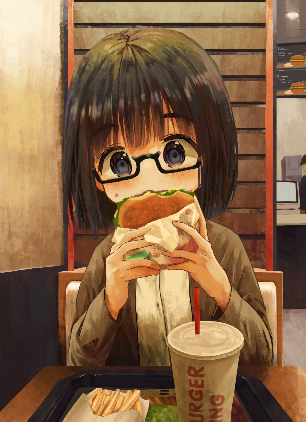 1girl bangs black-framed_eyewear black_hair blue_eyes brown_jacket burger_king chair commentary_request cup disposable_cup drinking_straw eating eyebrows_visible_through_hair fast_food food french_fries glasses hamburger highres holding holding_food indoors jacket long_sleeves mimikaki_(men_bow) on_chair open_clothes open_jacket original semi-rimless_eyewear shirt solo_focus table thick_eyebrows under-rim_eyewear upper_body white_shirt