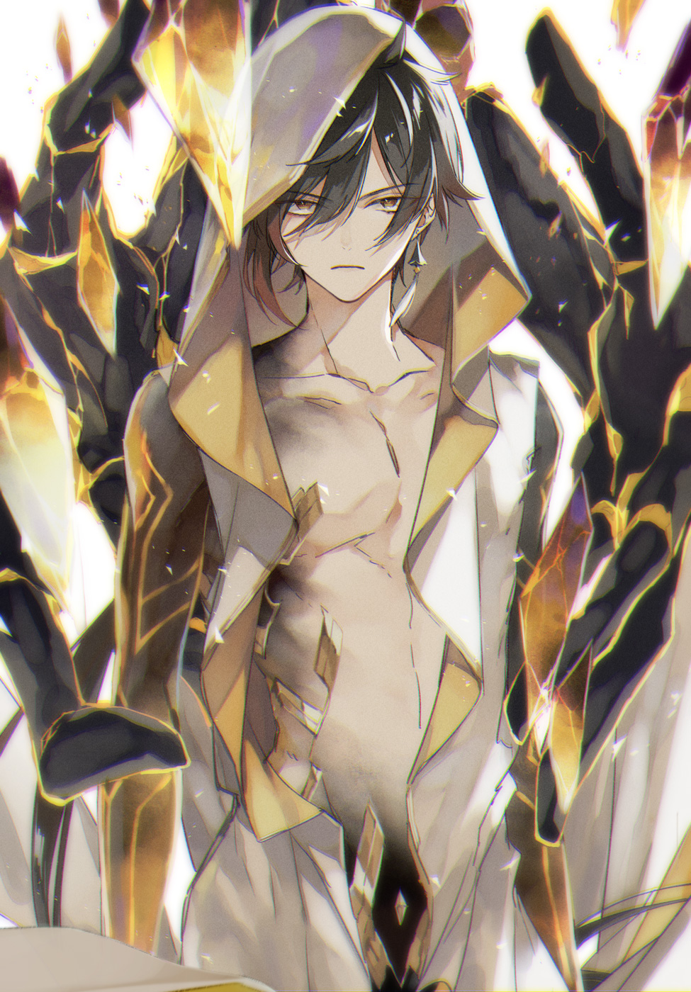 1boy arm_tattoo bangs bare_shoulders black_hair brown_hair cloak closed_mouth collarbone crack earrings eyebrows_visible_through_hair eyes_visible_through_hair gem genshin_impact hair_between_eyes highres hood hood_up hooded_cloak jellyfisssh jewelry long_hair looking_at_viewer male_focus midriff multicolored_hair navel open_cloak open_clothes pectorals single_earring sleeveless solo tassel tassel_earrings tattoo toned toned_male yellow_eyes zhongli_(genshin_impact)