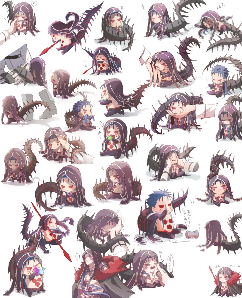 1other 2boys angry blue_hair bodypaint cape chibi closed_mouth cu_chulainn_(fate)_(all) cu_chulainn_alter_(fate/grand_order) dark_persona detached_hood eating facepaint fate/grand_order fate_(series) fujimaru_ritsuka_(male) full_body fur-trimmed_cape fur_trim gae_bolg_(fate) hair_down highres holding holding_polearm holding_weapon hood long_hair mana_prism mini_cu-chan_(fate) multiple_boys multiple_views needle open_mouth pants petting polearm ponytail red_eyes saint_quartz sharp_teeth shirtless simple_background sleeping speech_bubble spiked_hair spikes spool tail teeth touching weapon white_background yukinaga
