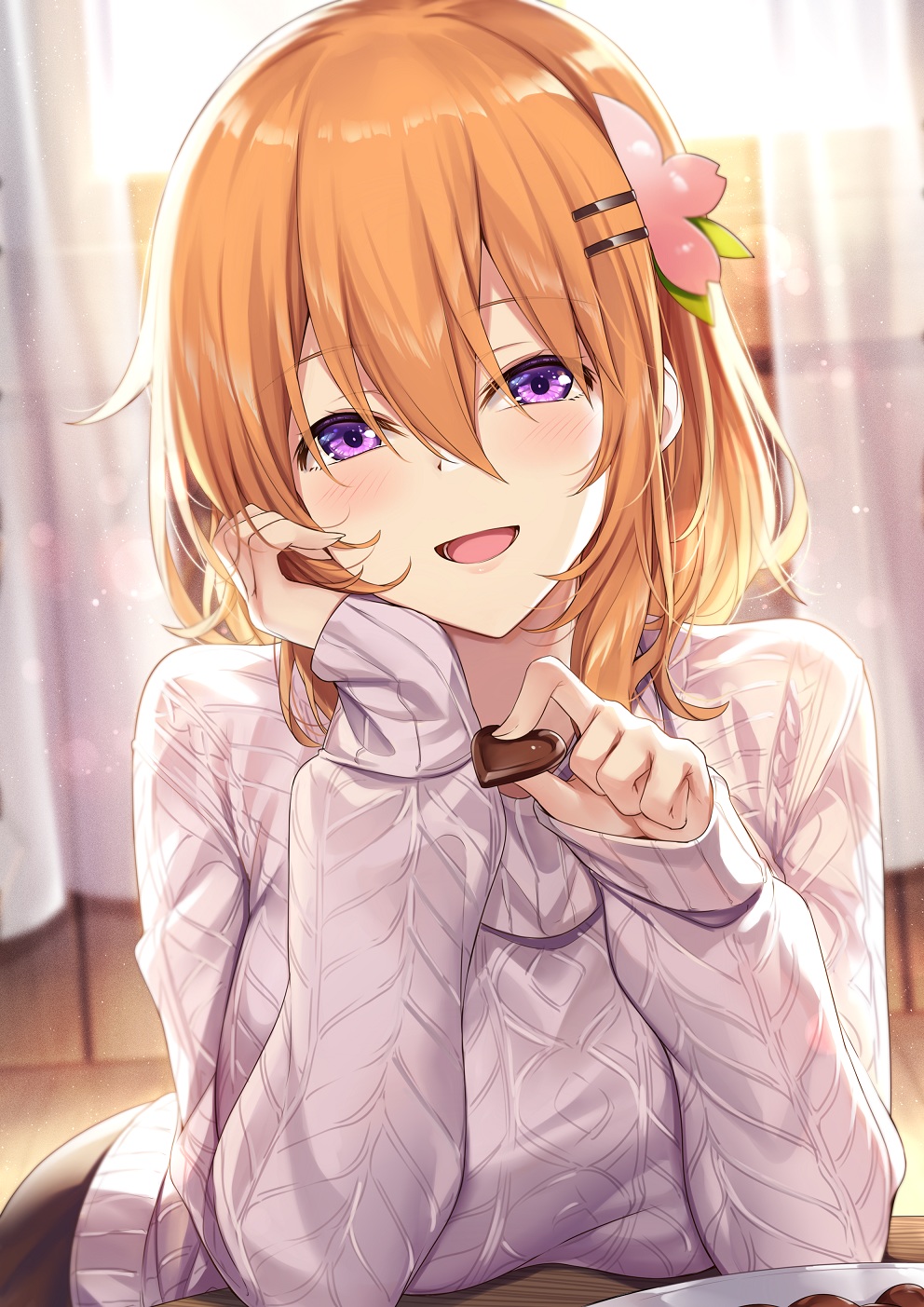 :d bangs breast_rest breasts candy chocolate chocolate_heart curtains elbow_rest eyebrows_visible_through_hair flower food gochuumon_wa_usagi_desu_ka? hair_between_eyes hair_flower hair_ornament hairclip head_rest heart highres holding holding_food hoto_cocoa indoors ks_(xephyrks) large_breasts long_sleeves looking_at_viewer offering open_mouth orange_hair purple_eyes sleeves_past_wrists smile solo sweater table