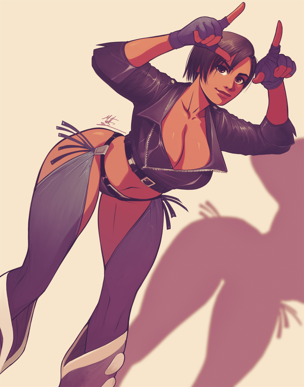1girl angel_(kof) angel_(kof)_(cosplay) black_gloves black_hair black_jacket breasts brown_eyes brown_hair chaps cleavage cosplay cropped_jacket crotchless crotchless_pants dead_or_alive dead_or_alive_5 fingerless_gloves gloves highres horns_pose jacket leather leather_jacket lisa_hamilton matt_(ex-mile) panties pants shadow sleeves_rolled_up the_king_of_fighters underwear