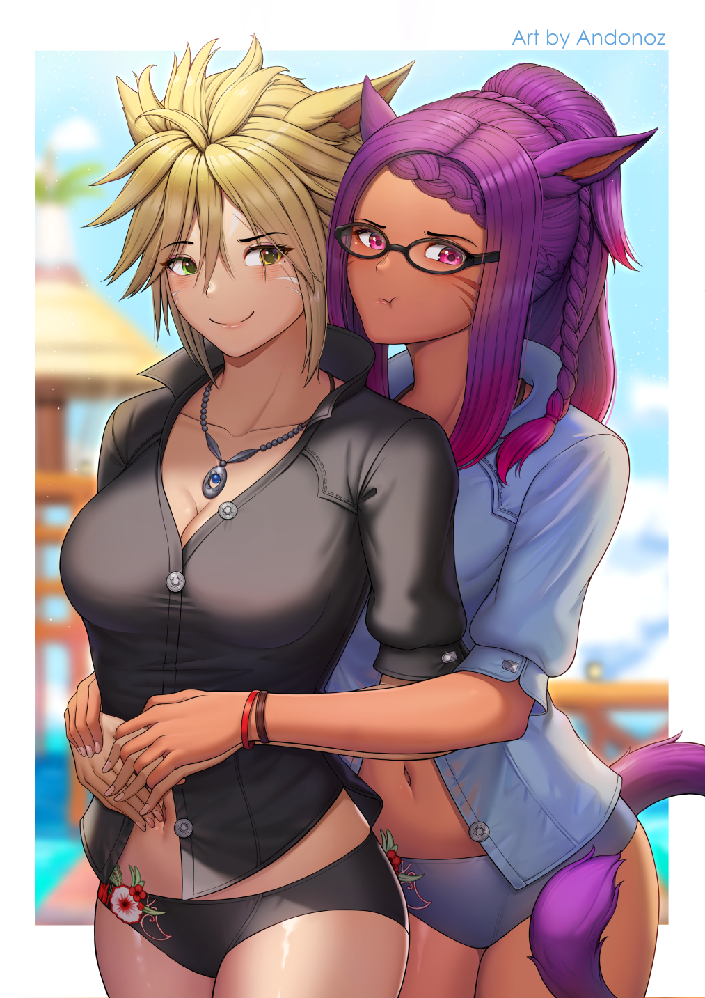 2girls andonoz animal_ears bangs bikini bikini_bottom black_shirt blonde_hair blue_shirt blurry blurry_background blush breasts cat_ears cat_tail cleavage collarbone commission cowboy_shot dark_skin dark_skinned_female facial_mark final_fantasy final_fantasy_xiv glasses hair_between_eyes heterochromia highres hug jewelry long_hair looking_at_viewer medium_breasts miqo'te multiple_girls navel necklace purple_hair red_eyes shirt short_hair smile swimsuit tail whisker_markings