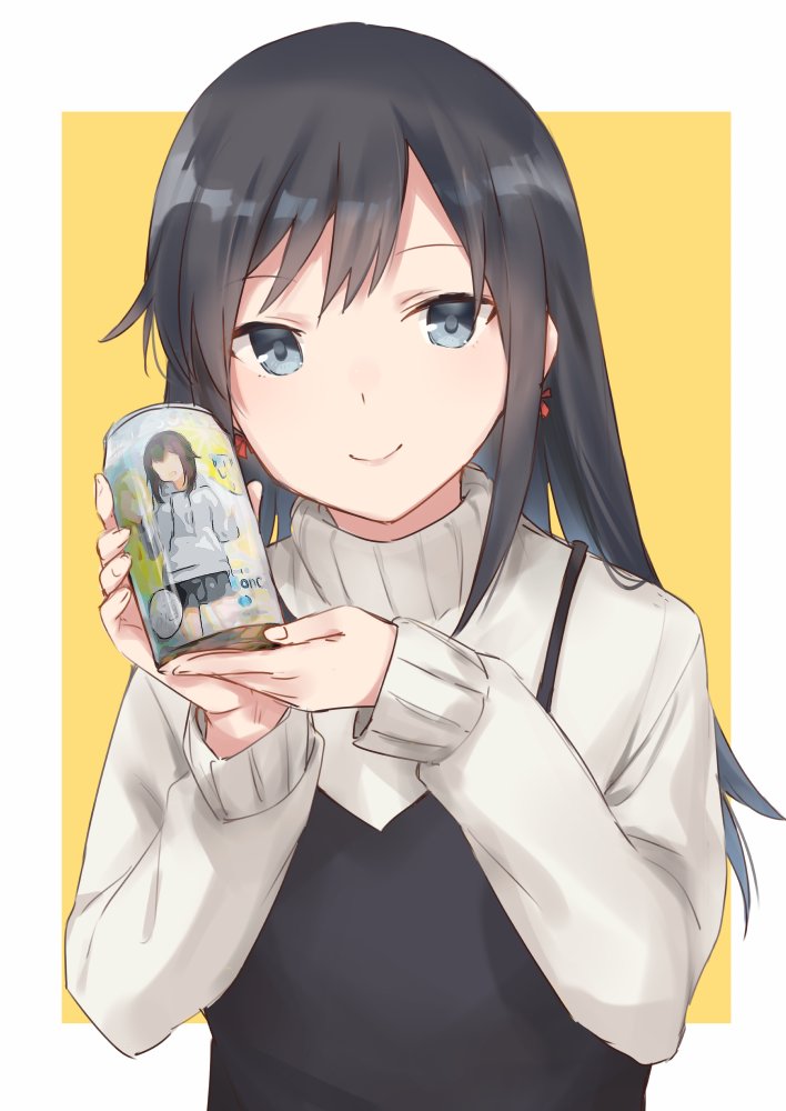 1girl alternate_costume asashio_(kancolle) beige_sweater black_dress black_hair blue_eyes border can dress hayasui_(kancolle) kantai_collection long_hair product_placement satsumi smile solo turtleneck upper_body white_border yellow_background