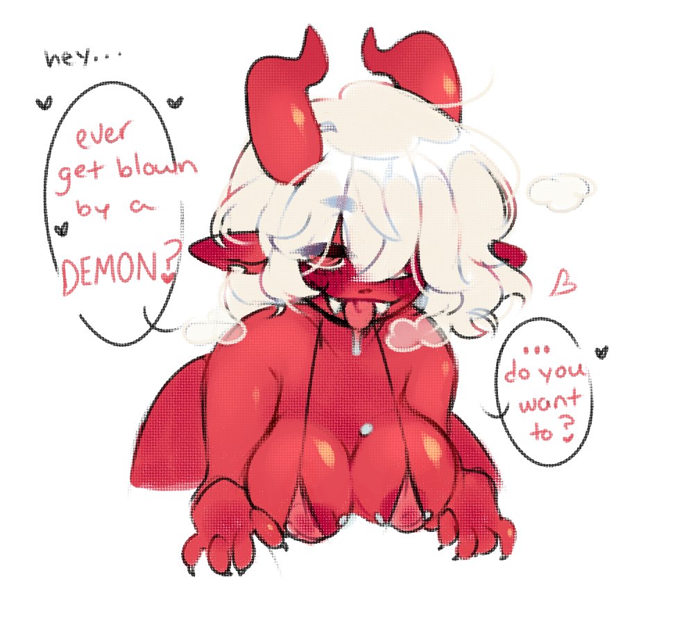 &lt;3 big_breasts blush bodily_fluids breasts clothed clothing demon dialogue drooling female hair nipple_piercing nipples not_furry piercing red_body red_skin saliva skimpy solo tongue tongue_out white_hair yournewwaifu