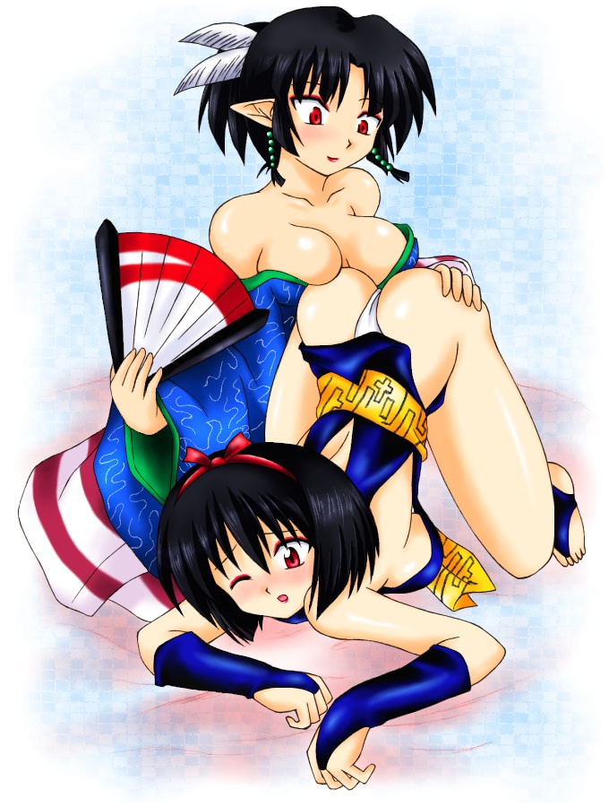 :o artist_request ass ass-to-breast bare_shoulders barefoot black_hair blush breast_press breasts cleavage fan folding_fan hairband inuyasha japanese_clothes kagura_(inuyasha) large_breasts multiple_girls no_bra one_eye_closed pointy_ears red_eyes sakasagami_no_yura short_hair toeless_legwear top-down_bottom-up yuri