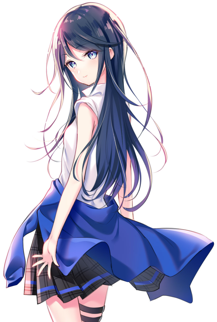 1girl bangs bare_arms bare_shoulders black_hair black_skirt blue_eyes blue_jacket breasts closed_mouth clothes_around_waist collared_shirt eyebrows_visible_through_hair hair_between_eyes highres hoshino_ichika_(project_sekai) jacket jacket_around_waist light_smile long_hair looking_at_viewer looking_back pleated_skirt project_sekai shirt simple_background skirt sleeveless sleeveless_shirt small_breasts solo thigh_strap very_long_hair white_background white_shirt youta