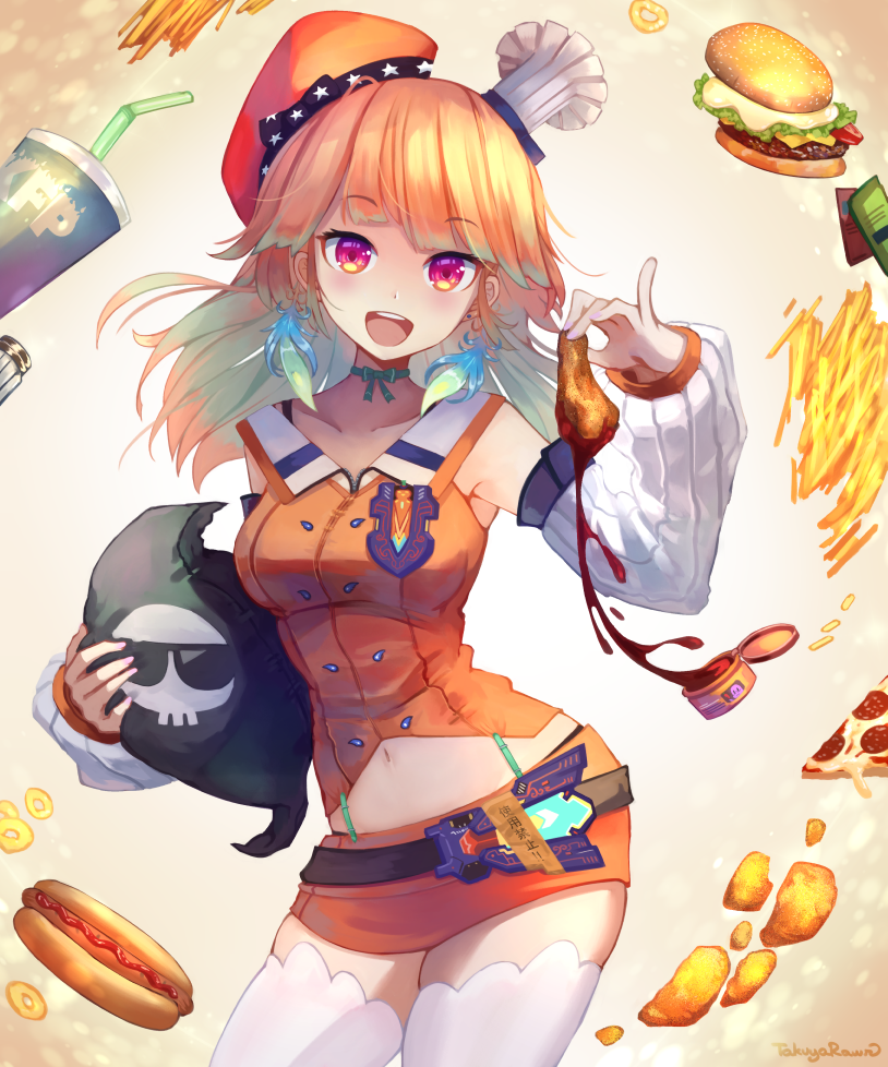 1girl :d artist_name bangs beret breasts collarbone commentary cowboy_shot death-sensei_(mori_calliope) detached_sleeves earrings english_commentary eyebrows_visible_through_hair food fried_chicken gradient_hair hamburger hat hololive hololive_english hot_dog jewelry kfp long_hair looking_at_viewer making-of_available medium_breasts multicolored_hair navel open_mouth orange_hair pink_eyes pizza_slice simple_background smile solo takanashi_kiara takuyarawr thighhighs virtual_youtuber white_legwear