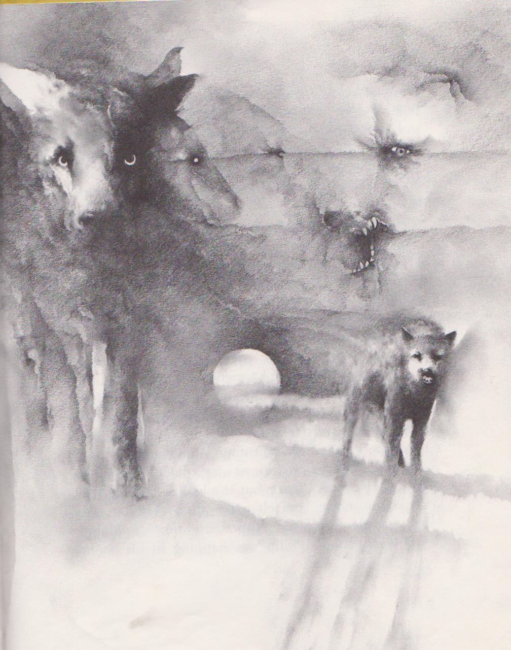 1976 20th_century abstract ambiguous_gender ancient_furry_art black_and_white canid canine canis creepy feral fog foggy ghostly greyscale group growling hi_res mammal monochrome moon shadow size_difference stephen_gammell surreal teeth teeth_bared traditional_media_(artwork) wolf