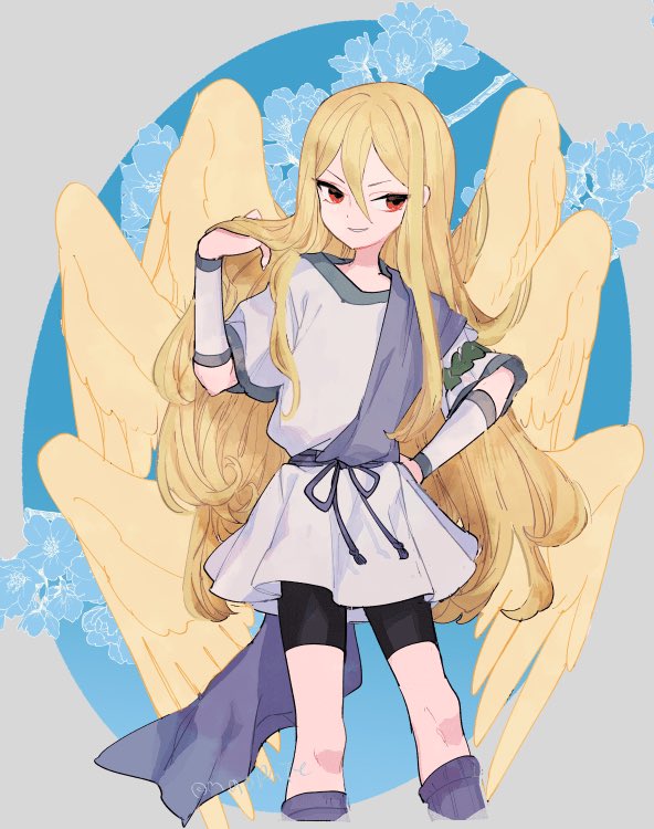 1girl black_shorts blonde_hair blue_flower feathered_wings feet_out_of_frame flower hair_between_eyes hand_on_hip hand_up l_hakase long_hair multiple_wings original red_eyes shorts smile solo very_long_hair wings yellow_wings