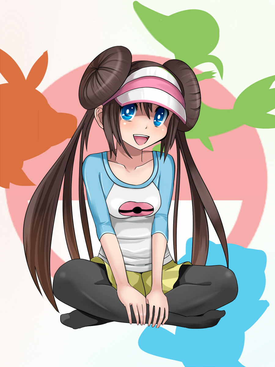 1girl bangs black_legwear blue_eyes blue_shirt blush breasts brown_hair collarbone commentary_request double_bun full_body gen_5_pokemon hair_between_eyes hands_together happy hat highres indian_style kiui_(pixiv_4082949) light_blush long_hair looking_at_viewer open_mouth oshawott pantyhose pink_headwear poke_ball_symbol poke_ball_theme pokemon pokemon_(game) pokemon_bw2 rosa_(pokemon) shiny shiny_hair shirt short_shorts shorts silhouette sitting small_breasts smile snivy solo teeth tepig tied_hair twintails v_arms visor_cap yellow_shorts