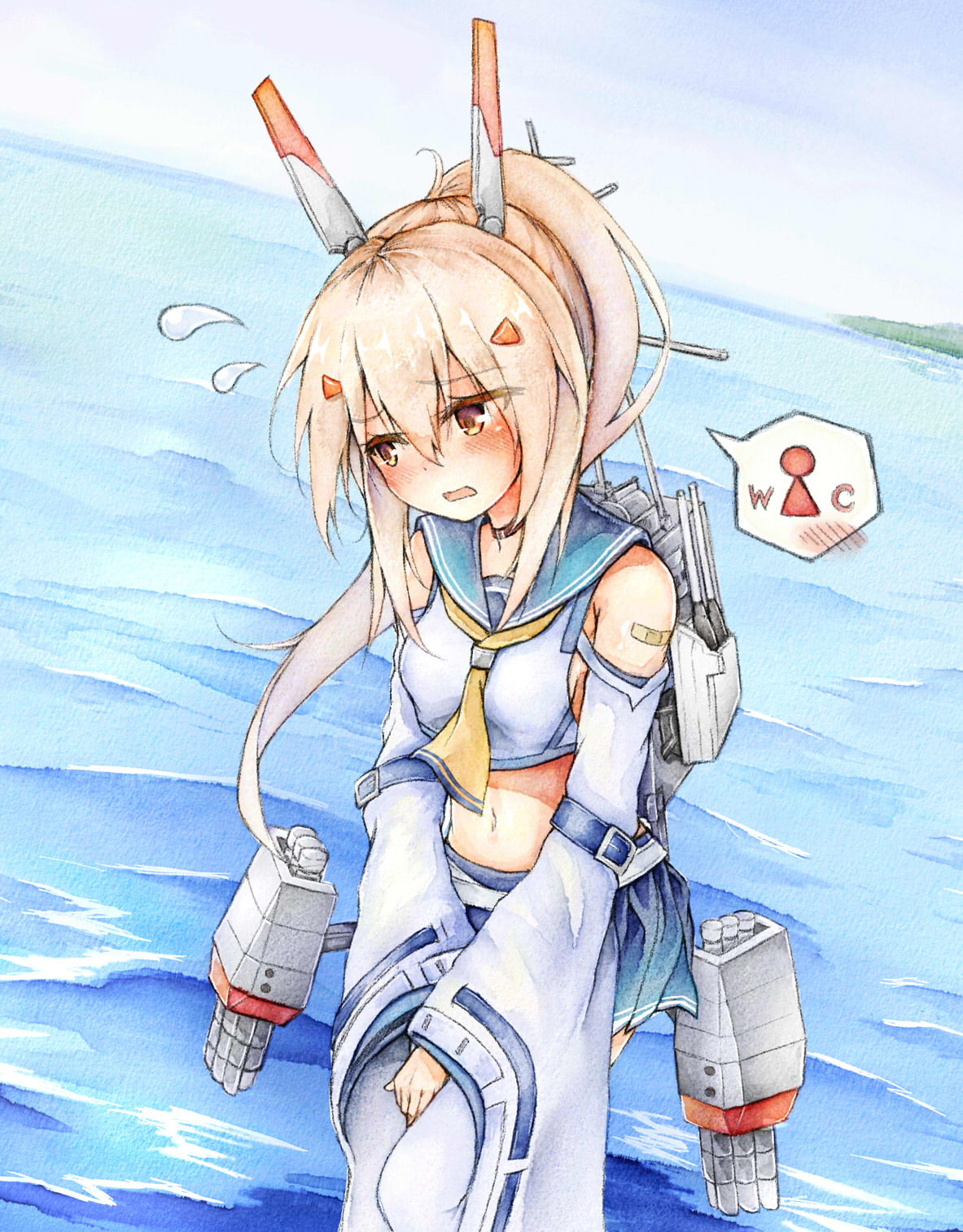 1girl ayanami_(azur_lane) azur_lane bandaid bare_shoulders belt between_legs blonde_hair blue_sailor_collar blue_skirt blue_sky blush breasts choker commentary_request crop_top day detached_sleeves dutch_angle embarrassed eyebrows_visible_through_hair flying_sweatdrops hair_ornament hairclip hand_between_legs hands_together have_to_pee headgear high_ponytail highres long_hair midriff navel neckerchief ocean open_mouth outdoors pleated_skirt ponytail red_eyes sailor_collar shirt skirt sky small_breasts solo speech_bubble spoken_blush standing tied_hair v_arms watakarashi water white_shirt yellow_neckwear