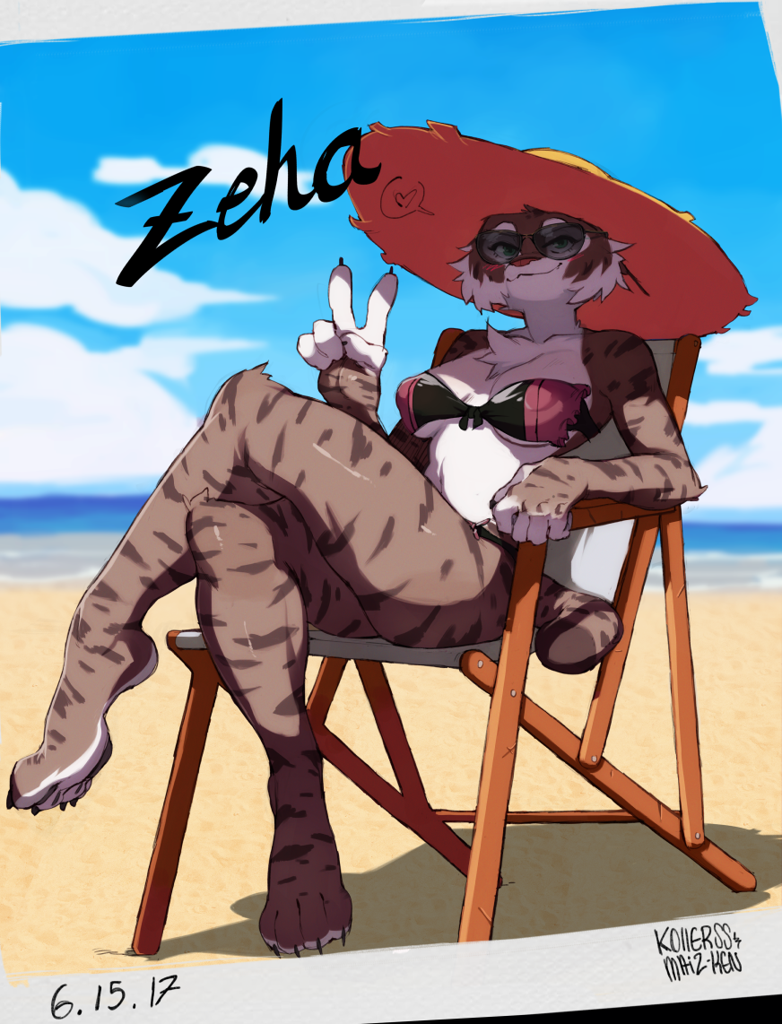 2017 anthro beach bikini breasts chair clothing cloud crossed_legs eyewear felid feline female fur furniture gesture kollerss lynx maiz-ken mammal outside sand seaside sky smile solo sunglasses swimwear v_sign zeha