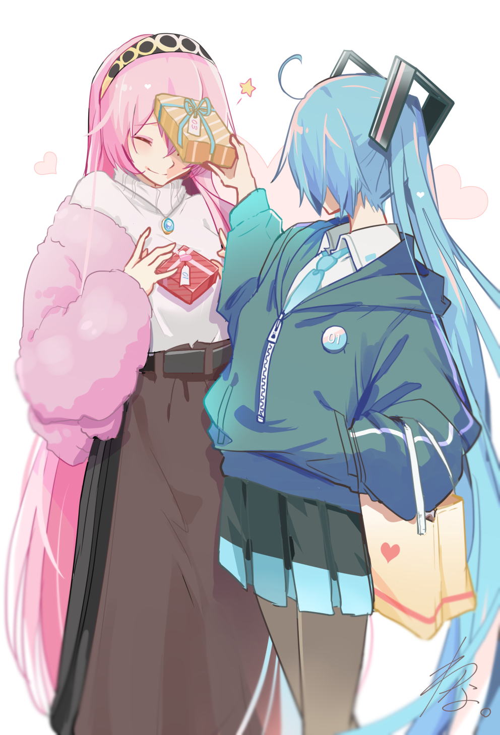 2girls aqua_hair aqua_neckwear bag belt black_legwear black_skirt box brown_skirt closed_eyes commentary cowboy_shot dropping from_behind fur-trimmed_jacket fur_trim gift gift_box hair_ornament hairband hand_in_pocket hatsune_miku heart heart_print highres hood hooded_jacket jacket jewelry long_hair long_skirt megurine_luka miniskirt multiple_girls necklace necktie pink_hair pink_jacket pleated_skirt shirt skirt smack smile standing star_(symbol) sweater turtleneck turtleneck_sweater twintails valentine very_long_hair vocaloid wanaxtuco white_shirt white_sweater yuri