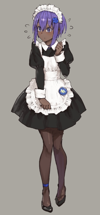 1girl alternate_costume apron badge black_dress blush button_badge dark_skin dark_skinned_female dress enmaided fate/grand_order fate/prototype fate/prototype:_fragments_of_blue_and_silver fate_(series) flower flying_sweatdrops frilled_apron frilled_dress frills full_body hair_flower hair_ornament hassan_of_serenity_(fate) maid maid_apron maid_headdress pantyhose puffy_sleeves purple_eyes purple_hair shoe-ji solo waist_apron white_apron