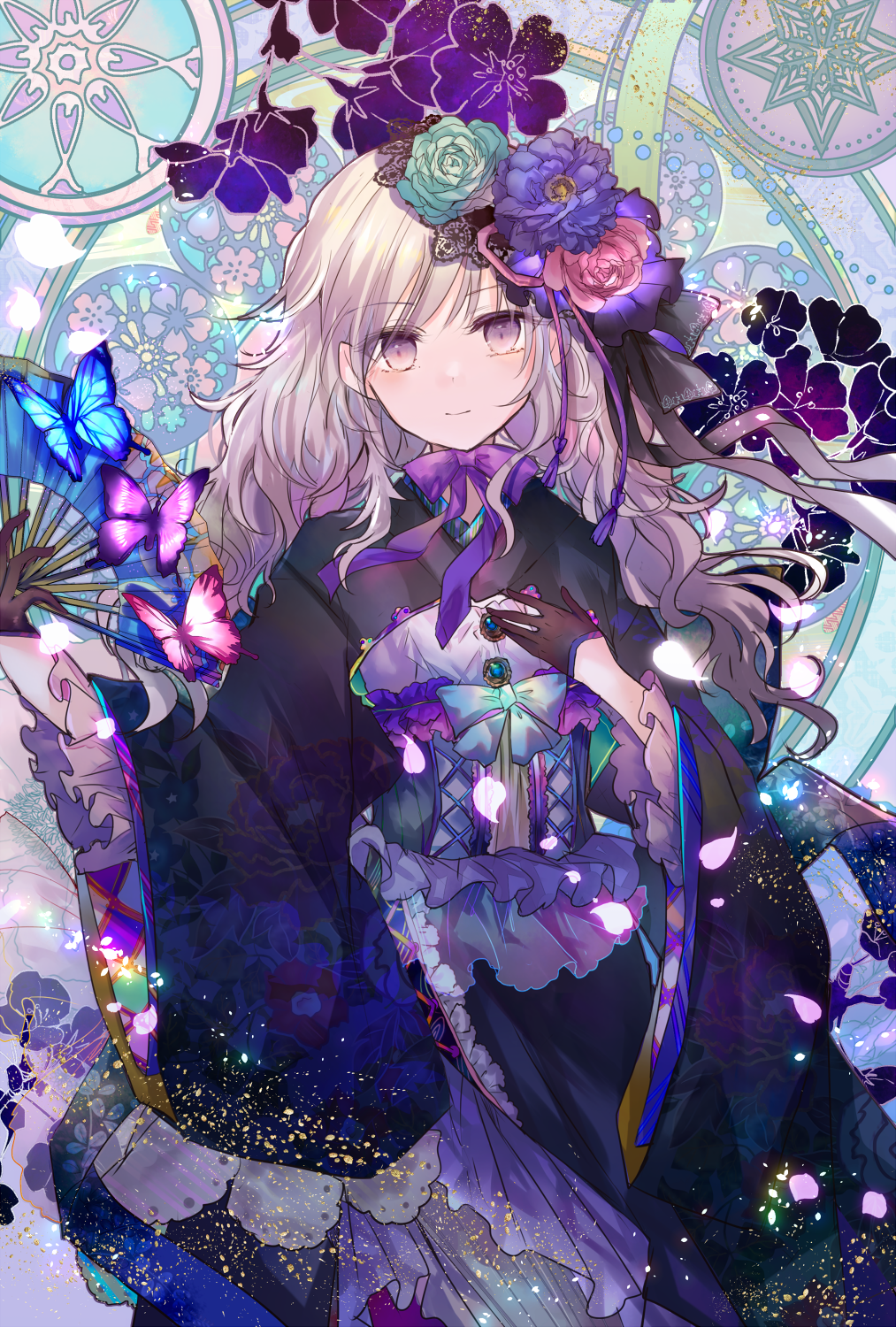 1girl black_gloves black_kimono bow bug butterfly colorful corset fan floral_print flower furisode gloves hair_flower hair_ornament highres insect japanese_clothes kazu_(muchuukai) kimono light_particles long_hair looking_at_viewer original paper_fan petals pink_eyes pink_hair smile solo wavy_hair