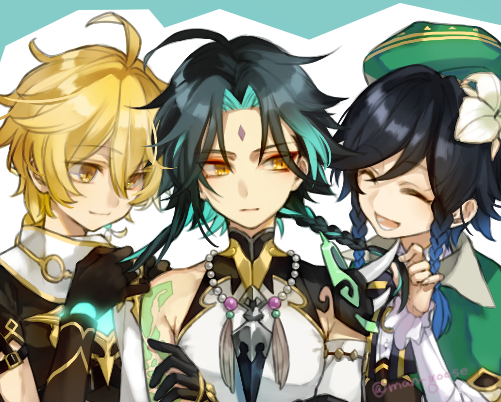 3boys aether_(genshin_impact) ahoge arm_guards arm_tattoo bangs bare_shoulders bead_necklace beads black_gloves black_hair blonde_hair blue_background blue_hair bow braid closed_mouth detached_sleeves eyebrows_visible_through_hair eyes_visible_through_hair facial_mark flower forehead_mark frilled_sleeves frills genshin_impact gloves glowing gradient_hair green_hair green_headwear hair_between_eyes hair_flower hair_ornament hand_in_hair hat jewelry long_hair long_sleeves maka_(morphine) male_focus multicolored_hair multiple_boys necklace open_mouth parted_bangs ribbon scarf shoulder_pads shoulder_spikes simple_background sleeveless slit_pupils smile spikes tassel tattoo twin_braids tying_hair venti_(genshin_impact) white_background white_flower xiao_(genshin_impact) yellow_eyes