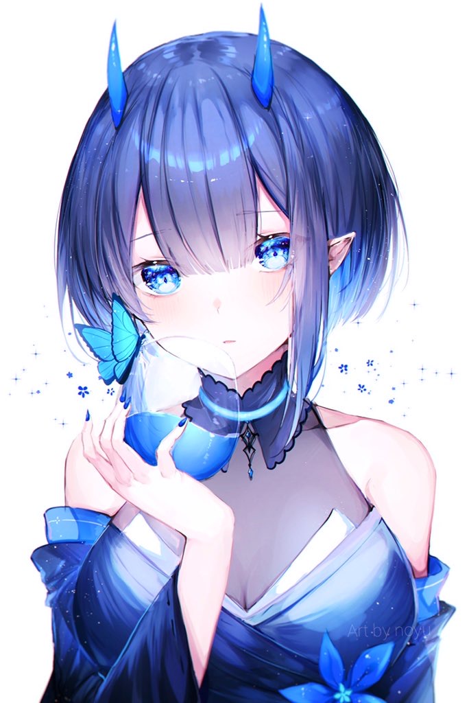 1girl bare_shoulders blue_butterfly blue_eyes blue_flower blue_hair blue_horns bug butterfly detached_sleeves eyebrows_visible_through_hair flower hair_between_eyes horns insect long_sleeves noyu_(noyu23386566) original parted_lips pointy_ears solo white_hair