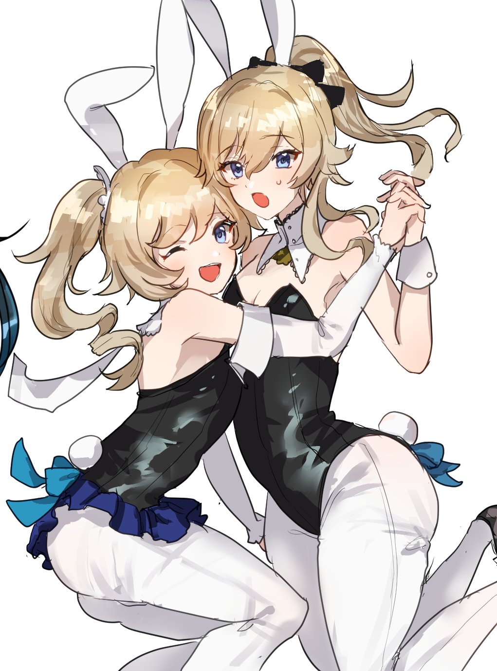 2girls alternate_costume animal_ears bangs barbara_(genshin_impact) black_footwear black_leotard blonde_hair blue_eyes bow breasts bunny_ears bunny_tail detached_sleeves eyebrows_visible_through_hair fake_animal_ears fake_tail genshin_impact hair_bow highres holding_hands jean_gunnhildr_(genshin_impact) leotard long_hair multiple_girls one_eye_closed open_mouth pantyhose playboy_bunny ponytail sidelocks smile sweat tail twintails white_legwear wrist_cuffs yavalley