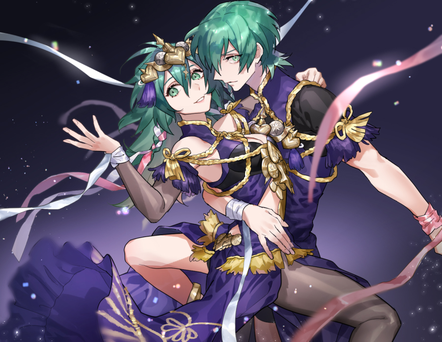 1boy 1girl bangs breasts byleth_(fire_emblem) byleth_(fire_emblem)_(female) byleth_(fire_emblem)_(male) cleavage closed_mouth detached_sleeves dress fire_emblem fire_emblem:_three_houses floating_hair green_eyes green_hair grey_legwear grey_sleeves grin hair_between_eyes long_hair long_sleeves looking_at_viewer medium_breasts nakapipo pantyhose pink_ribbon purple_dress ribbon shiny shiny_hair short_hair smile white_ribbon