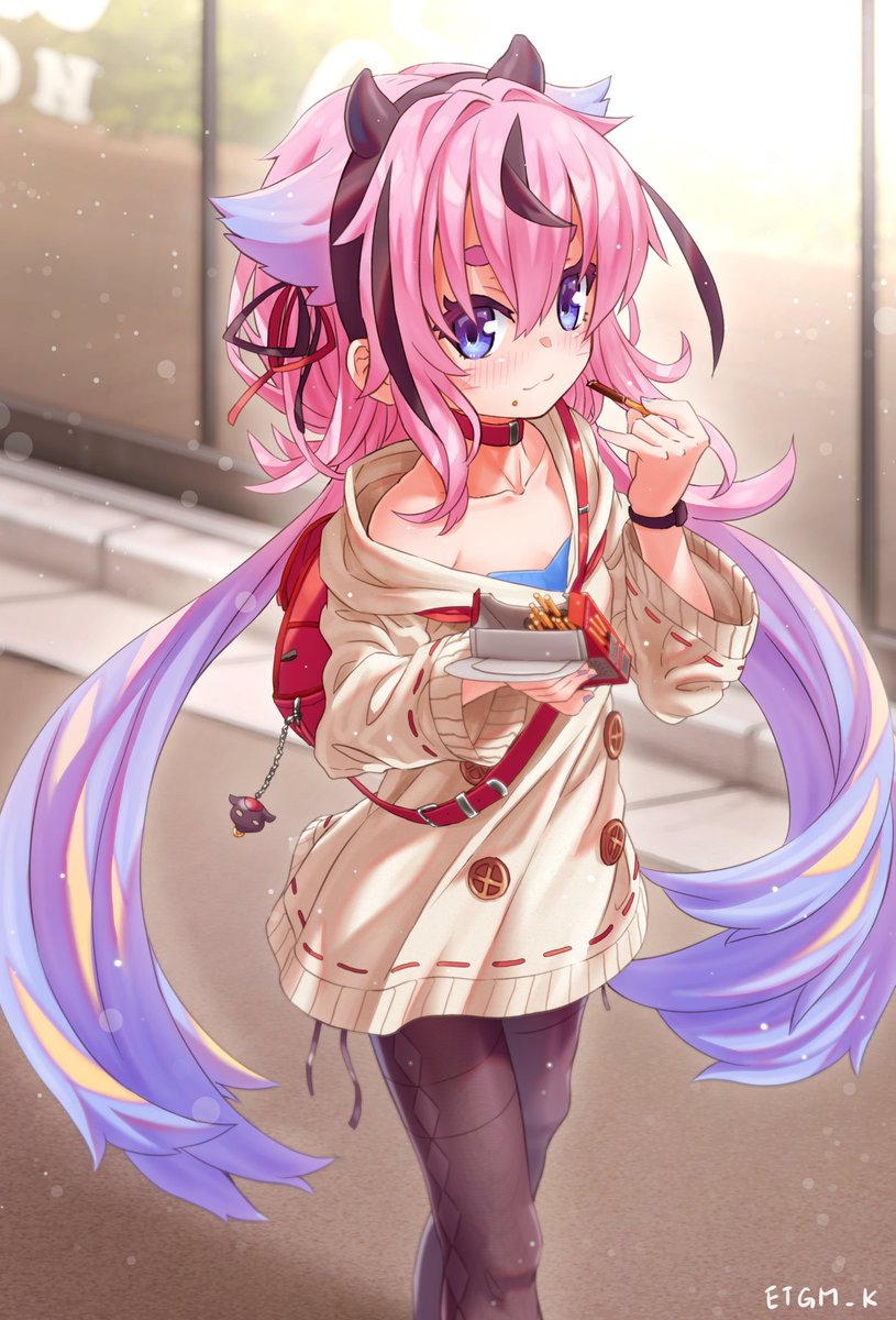 1other :3 bag beige_dress blue_eyes blue_hair box buttons choker commentary eating etogami_kazuya food gradient_hair hair_flaps hair_ribbon hairband highres holding holding_box holding_food horns keychain light_smile long_hair looking_at_viewer meika_hime multicolored_hair offering pantyhose pink_hair pocky ribbon road school_bag street twintails two-tone_hair valentine very_long_hair vocaloid walking wristband