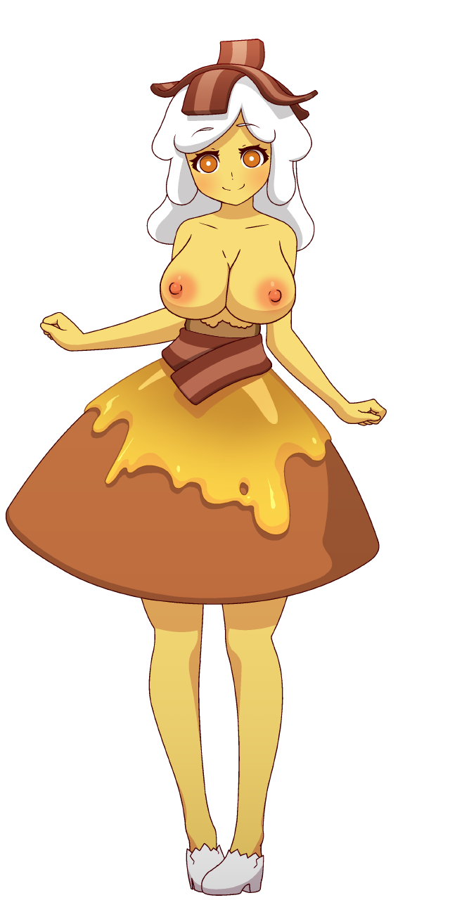1girl adventure_time alternate_breast_size bacon bare_arms bare_shoulders blush breakfast_princess breasts bright_pupils brown_skirt closed_mouth collarbone commentary disconnected_mouth dress english_commentary eyebrows_visible_through_hair food food_on_head full_body furrowed_eyebrows high_heels highres huge_breasts long_hair looking_at_viewer mike_inel miniskirt nipples object_on_head orange_eyes own_hands_together pancake shoes skirt smile solo standing tachi-e topless torn_clothes transparent_background umbrella-flared_skirt v_arms white_footwear white_hair white_pupils