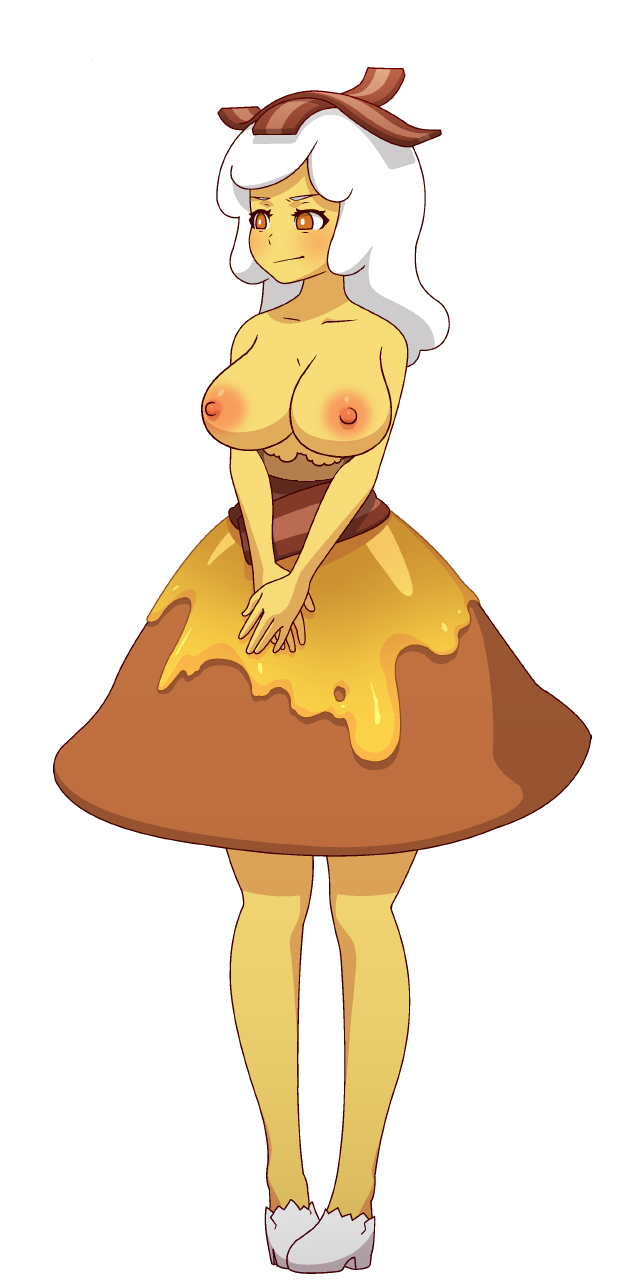 1girl :/ adventure_time alternate_breast_size bacon bare_shoulders blush breakfast_princess breasts bright_pupils brown_skirt closed_mouth collarbone commentary dress english_commentary food food_on_head full_body furrowed_eyebrows high_heels highres huge_breasts long_hair looking_away looking_to_the_side mike_inel miniskirt nipples object_on_head orange_eyes own_hands_together pancake skirt solo standing topless torn_clothes transparent_background umbrella-flared_skirt v_arms white_footwear white_hair white_pupils