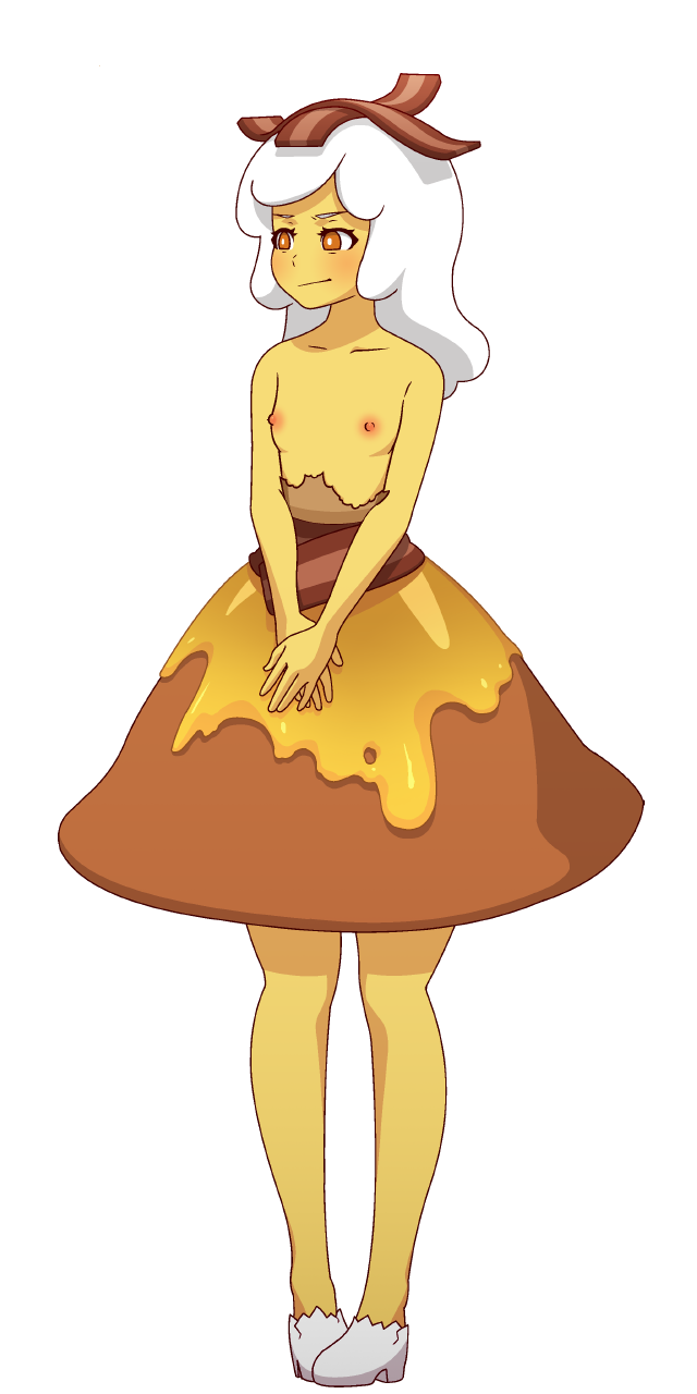 1girl :/ adventure_time bacon bare_shoulders blush breakfast_princess breasts bright_pupils brown_skirt closed_mouth collarbone commentary dress english_commentary food food_on_head full_body furrowed_eyebrows high_heels highres long_hair looking_away looking_to_the_side mike_inel miniskirt nipples object_on_head orange_eyes own_hands_together pancake skirt small_breasts solo standing topless torn_clothes transparent_background umbrella-flared_skirt v_arms white_footwear white_hair white_pupils