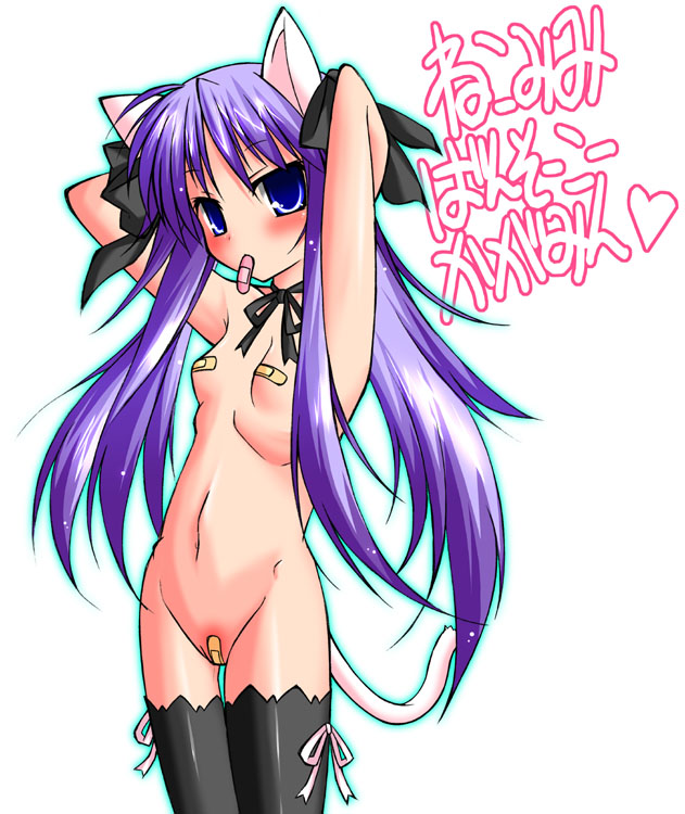 adjusting_hair animal_ears armpits bandaid bandaid_on_pussy bandaids_on_nipples blue_eyes cat_ears cat_tail hiiragi_kagami long_hair lucky_star mouth_hold non-web_source pasties purple_hair ribbon solo tail thighhighs twintails