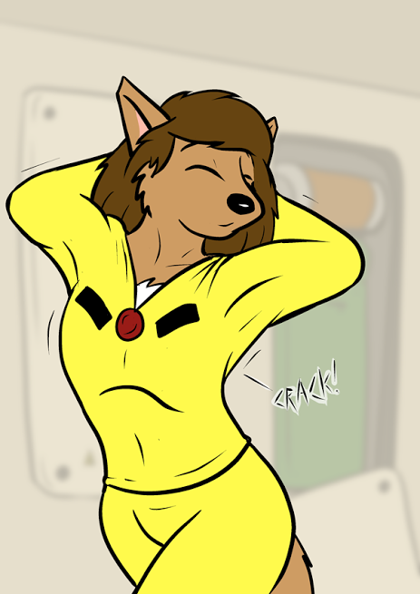 alan_foreman anthro black_nose bowman's_wolf brown_body brown_fur brown_hair canid canine canis clothed clothing eyes_closed female flat_chested florence_ambrose freefall fur hair mammal red_wolf solo stretching webcomic wolf