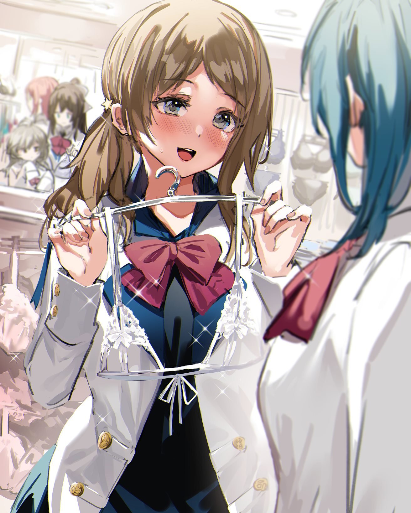 5girls :d bangs black_eyes blue_hair blush bow bowtie bra brown_hair clothes_hanger eye_contact eyebrows_visible_through_hair hair_ornament highres indoors jacket long_hair long_sleeves looking_at_another multiple_girls open_clothes open_jacket open_mouth original orihi_chihiro parted_bangs red_bow red_neckwear school_uniform shopping side_ponytail smile star_(symbol) star_hair_ornament underwear white_bra white_jacket