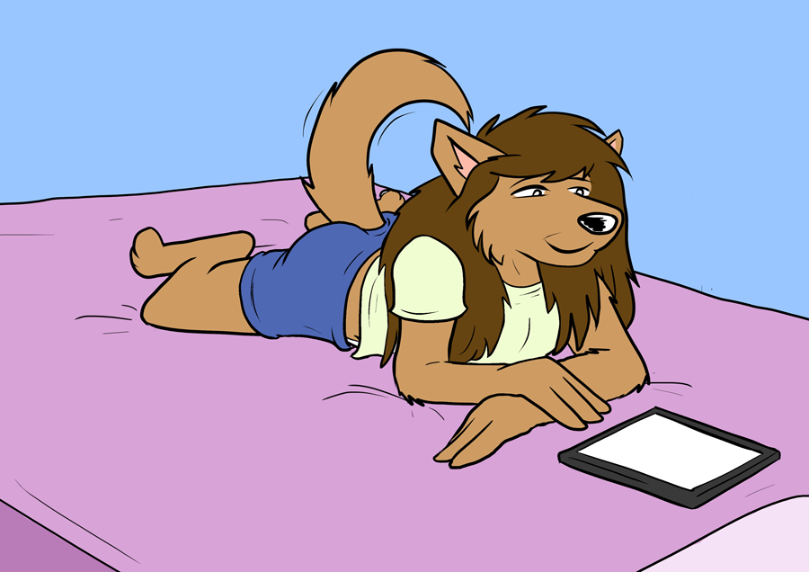 alan_foreman anthro bed black_nose bowman's_wolf brown_body brown_fur brown_hair canid canine canis clothed clothing female florence_ambrose freefall fur furniture hair long_hair mammal red_wolf smile solo tablet_computer webcomic wolf