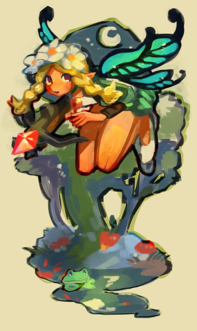 1girl animal aqua_wings bangs blonde_hair blue_wings butterfly_wings crescent_moon crossbow eyebrows_behind_hair eyes_visible_through_hair fairy fingernails flower flower_wreath frog grass head_wreath highres holding holding_crossbow holding_weapon ingway_(odin_sphere) long_hair mercedes_(odin_sphere) moon multicolored multicolored_wings mushroom nichi_(hibi_suimin) odin_sphere open_mouth parted_bangs pointy_ears red_eyes shoes star_(sky) teeth twintails water waterfall weapon white_flower white_footwear wings