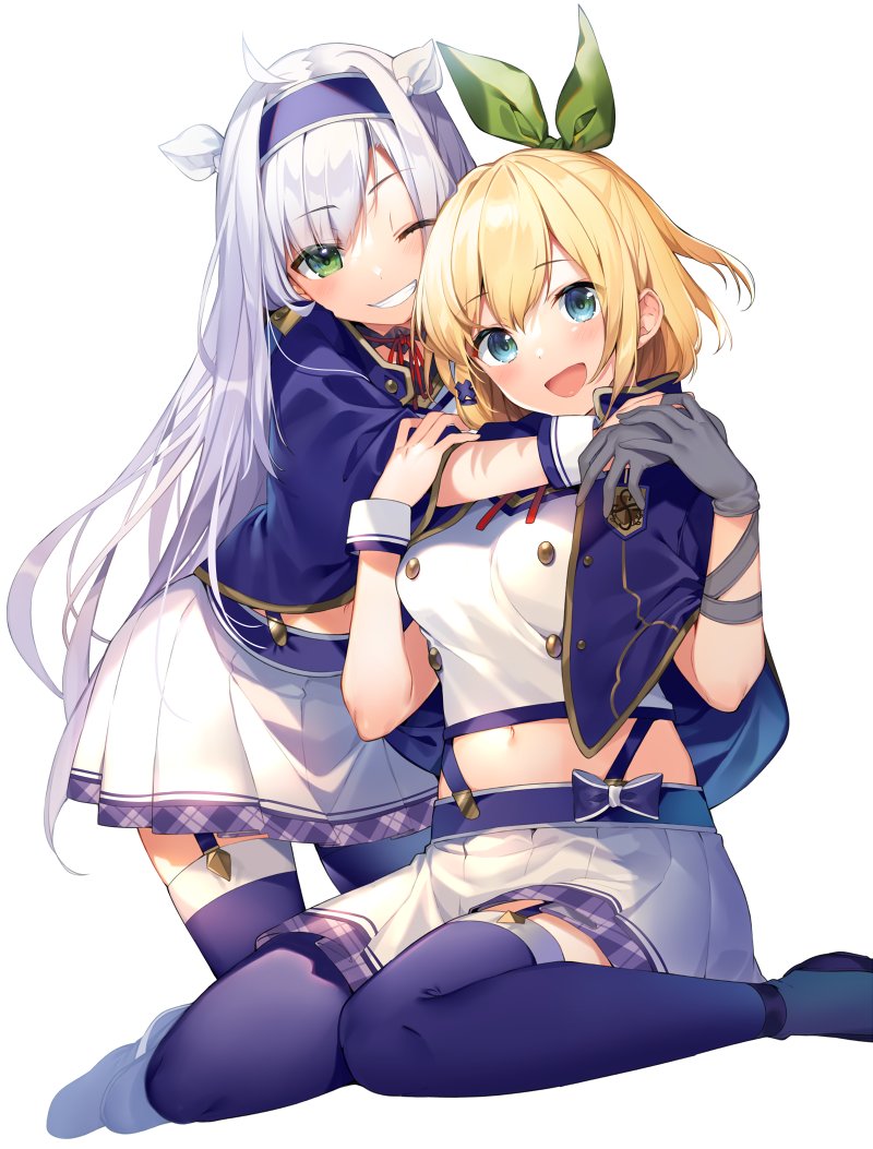 2girls alzano_school_uniform bangs blonde_hair blue_capelet blue_eyes bow breasts capelet commentary crop_top garter_straps gloves green_eyes green_ribbon grey_gloves grin hair_ribbon hairband hands_up large_breasts long_hair looking_at_viewer miniskirt mishima_kurone multiple_girls navel one_eye_closed open_mouth plaid plaid_trim pleated_skirt ribbon rokudenashi_majutsu_koushi_to_akashic_record rumia_tingel school_uniform silver_hair simple_background single_glove sistine_fiber skirt smile suspender_skirt suspenders thighhighs white_background white_skirt