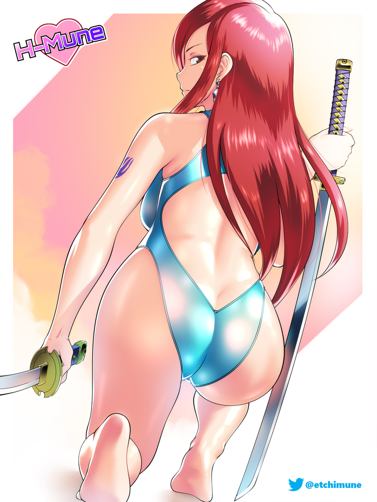 1girl arm_tattoo artist_name ass back back_cutout barefoot blue_swimsuit breasts brown_eyes butt_crack clothing_cutout competition_swimsuit dual_wielding earrings erza_scarlet fairy_tail from_behind full_body h-mune holding holding_sword holding_weapon jewelry katana long_hair one-piece_swimsuit one_knee planted_sword planted_weapon red_hair reverse_grip shiny shiny_skin sidelocks soles solo swimsuit sword tattoo weapon