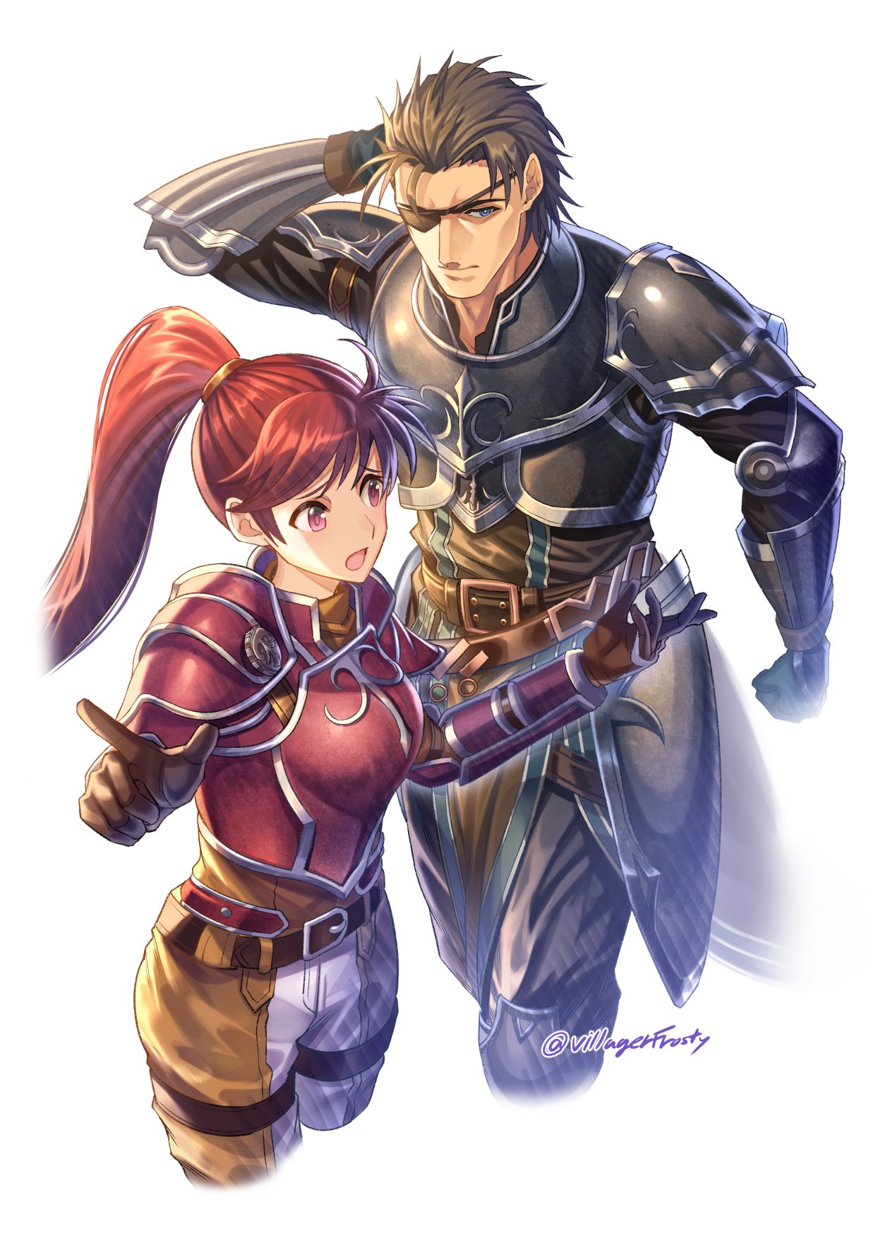 1boy 1girl armor belt black_armor breasts brown_hair eyepatch fire_emblem fire_emblem:_path_of_radiance fire_emblem_fates frostyvillager gloves haar_(fire_emblem) highres jill_(fire_emblem) long_hair long_ponytail medium_breasts open_mouth pants ponytail red_armor red_eyes red_hair simple_background twitter_username white_background