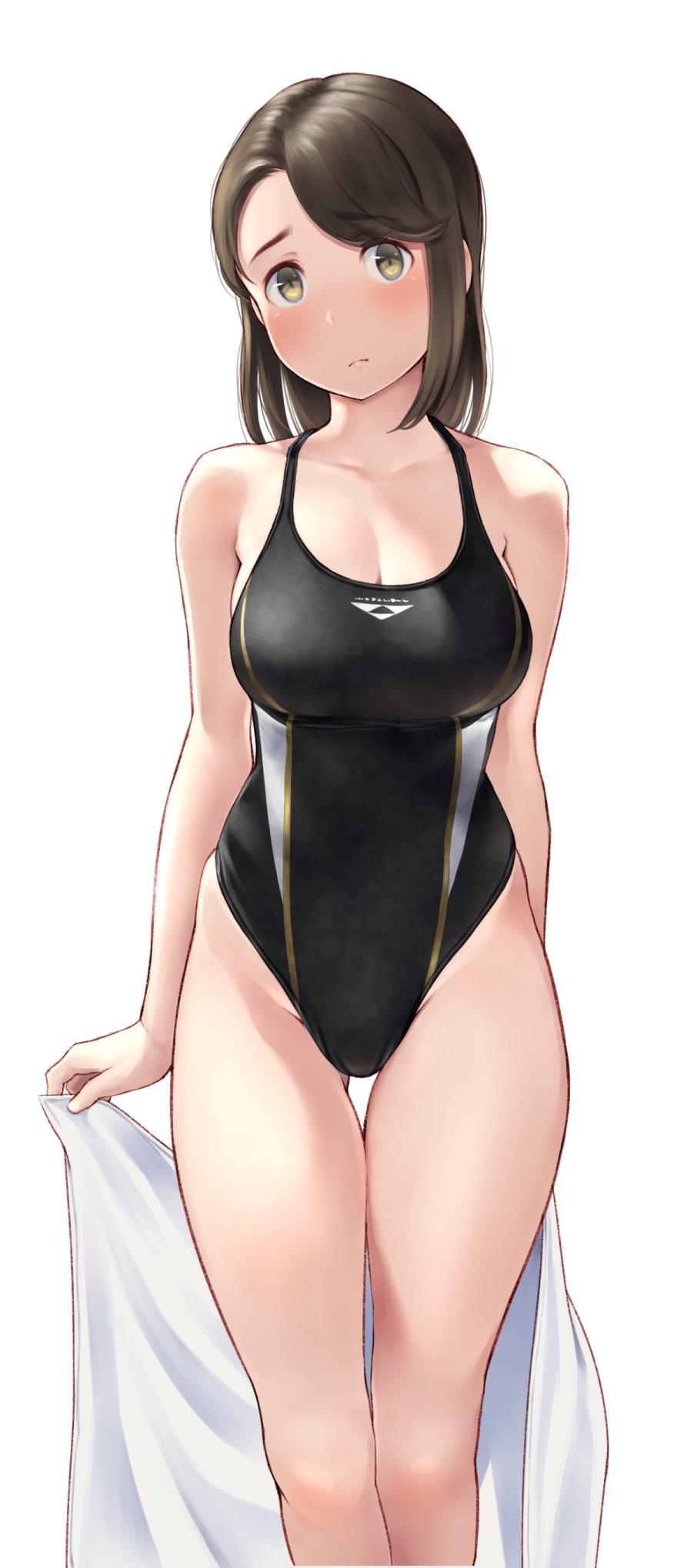 1girl ass_visible_through_thighs black_hair black_swimsuit breasts brown_eyes cleavage competition_swimsuit feet_out_of_frame highres large_breasts looking_at_viewer one-piece_swimsuit original short_hair simple_background solo standing swimsuit thigh_gap towel wa_(genryusui) white_background white_towel