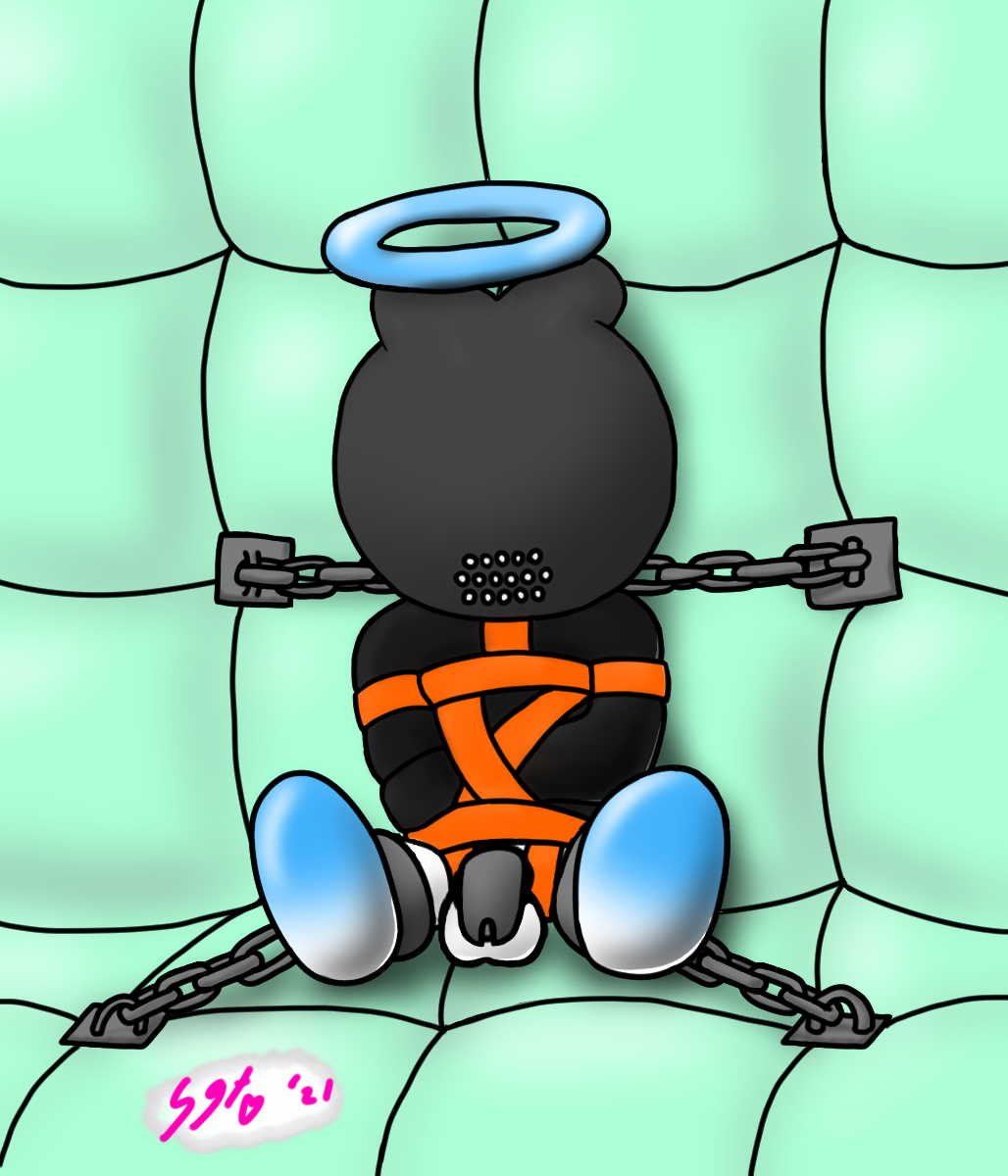 2021 ankle_cuffs balls bdsm blue_body bondage bound chain chao_(sonic) chastity_cage chastity_device clothed clothing digital_drawing_(artwork) digital_media_(artwork) fan_character genitals glistening halo hi_res male mask padded_cell sgtstitches shackles simple_background solo sonic_the_hedgehog_(series) sprinter_(starfoth) straitjacket