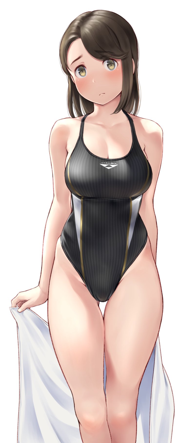 1girl ass_visible_through_thighs bare_legs black_hair black_swimsuit blush breasts brown_eyes cleavage collarbone competition_swimsuit feet_out_of_frame highres large_breasts lips looking_at_viewer medium_hair one-piece_swimsuit original simple_background solo standing striped striped_swimsuit swimsuit thigh_gap towel wa_(genryusui) white_background white_towel