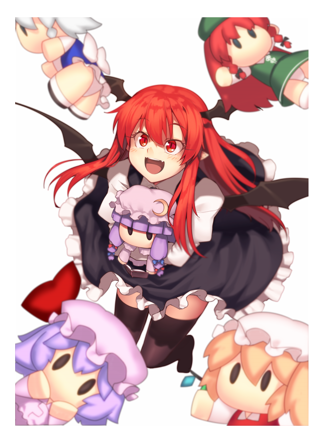 1girl bangs black_legwear black_skirt blonde_hair blue_bow blunt_bangs book bow braid character_doll crescent crescent_hat_ornament doll_hug flandre_scarlet hair_bow hat hat_ornament head_wings hong_meiling izayoi_sakuya juliet_sleeves kaiza_(rider000) koakuma long_hair long_sleeves mob_cap open_mouth patchouli_knowledge pointy_ears puffy_sleeves purple_hair red_bow red_eyes red_hair remilia_scarlet revision sidelocks silver_hair simple_background skirt smile solo thighhighs touhou twin_braids vest white_background wings |_|