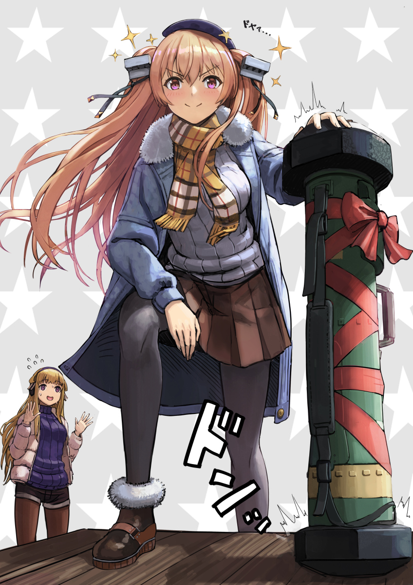 2girls alternate_costume black_legwear black_shorts blonde_hair blue_coat blue_sweater bolt breasts brown_eyes brown_footwear brown_skirt coat commentary_request fgm-148_javelin fletcher_(kancolle) flying_sweatdrops fur-trimmed_coat fur-trimmed_footwear fur_trim gift gift_wrapping hairband highres jacket johnston_(kancolle) kantai_collection large_breasts leaning_forward light_brown_hair long_hair multiple_girls official_alternate_costume oversized_object pantyhose pink_jacket purple_eyes purple_sweater ribbed_sweater scarf short_shorts shorts skirt smile smug sparkle starry_background sweat sweater sweating_profusely tantaka two_side_up white_sweater winter_clothes winter_coat yellow_scarf