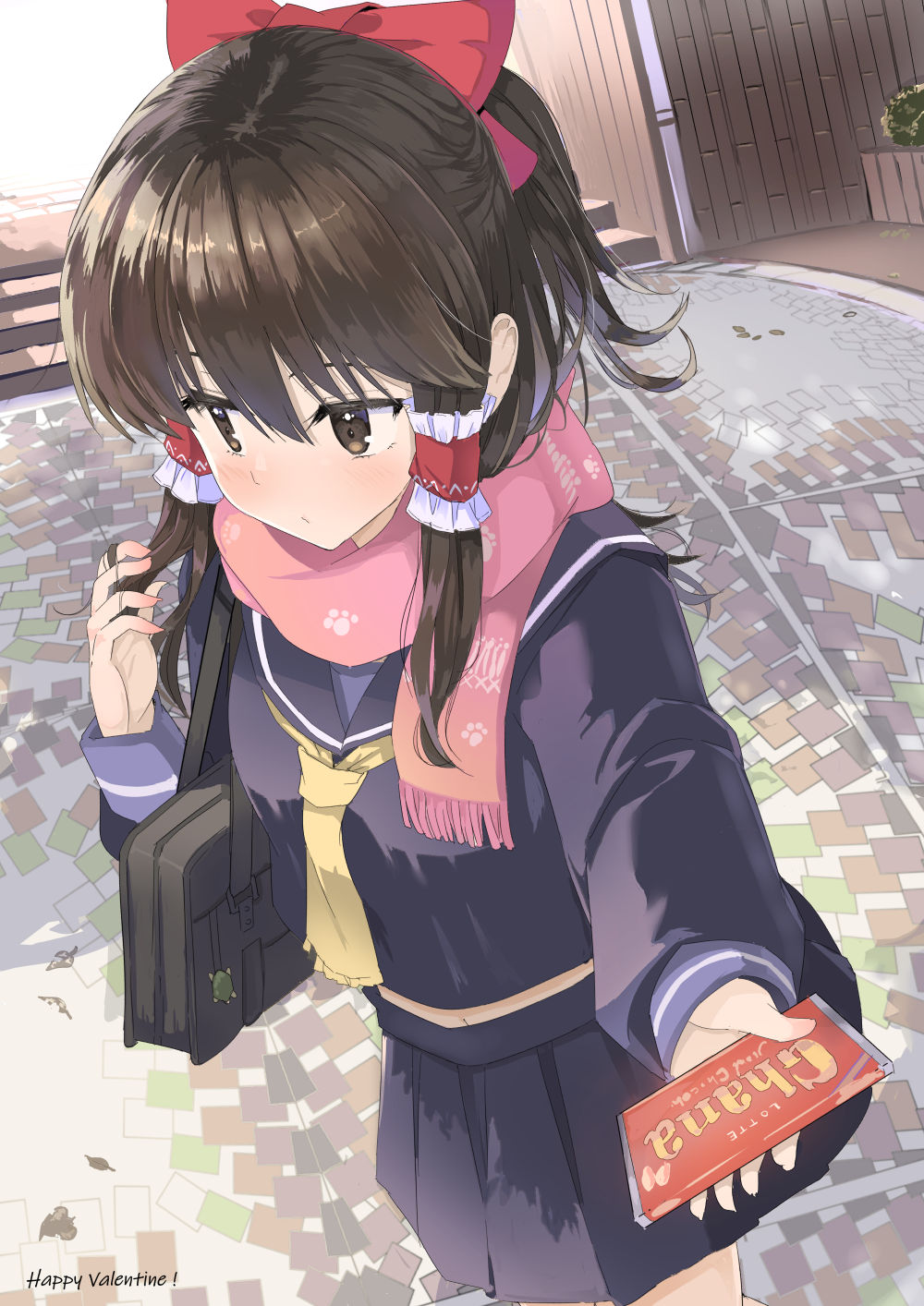 1girl alternate_costume bag black_eyes black_hair bow day facing_viewer gift hair_bow hair_tousle hair_tubes hakurei_reimu happy_valentine highres holding incoming_gift long_hair long_sleeves looking_away midriff miniskirt neckerchief outdoors pink_scarf ponytail puuakachan red_bow scarf school_uniform serafuku sidelocks skirt solo standing touhou turtle valentine yellow_neckwear