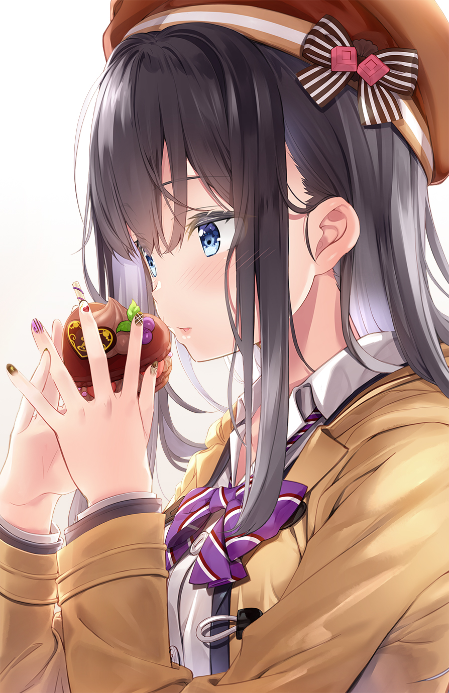 1girl bangs beret black_hair blue_eyes blush bow brown_headwear brown_jacket chocolate collared_shirt commentary_request diagonal_stripes dress_shirt eyebrows_visible_through_hair food fujima_takuya gradient gradient_background grey_background hair_between_eyes hands_up hat highres holding holding_food jacket long_hair looking_away nail_polish open_clothes open_jacket original parted_lips purple_bow shirt solo striped striped_bow upper_body valentine white_background white_shirt