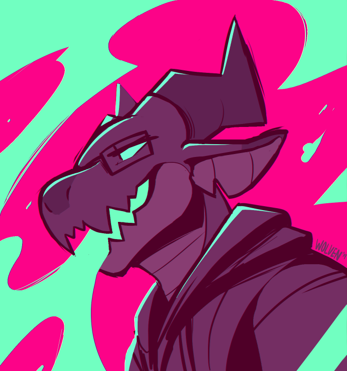 2019 anthro clothed clothing dragon english_text eyewear glasses hoodie horn itswolven male open_mouth purple_background purple_body purple_scales scales signature simple_background solo teal_background teal_eyes text topwear vynn_(itswolven)
