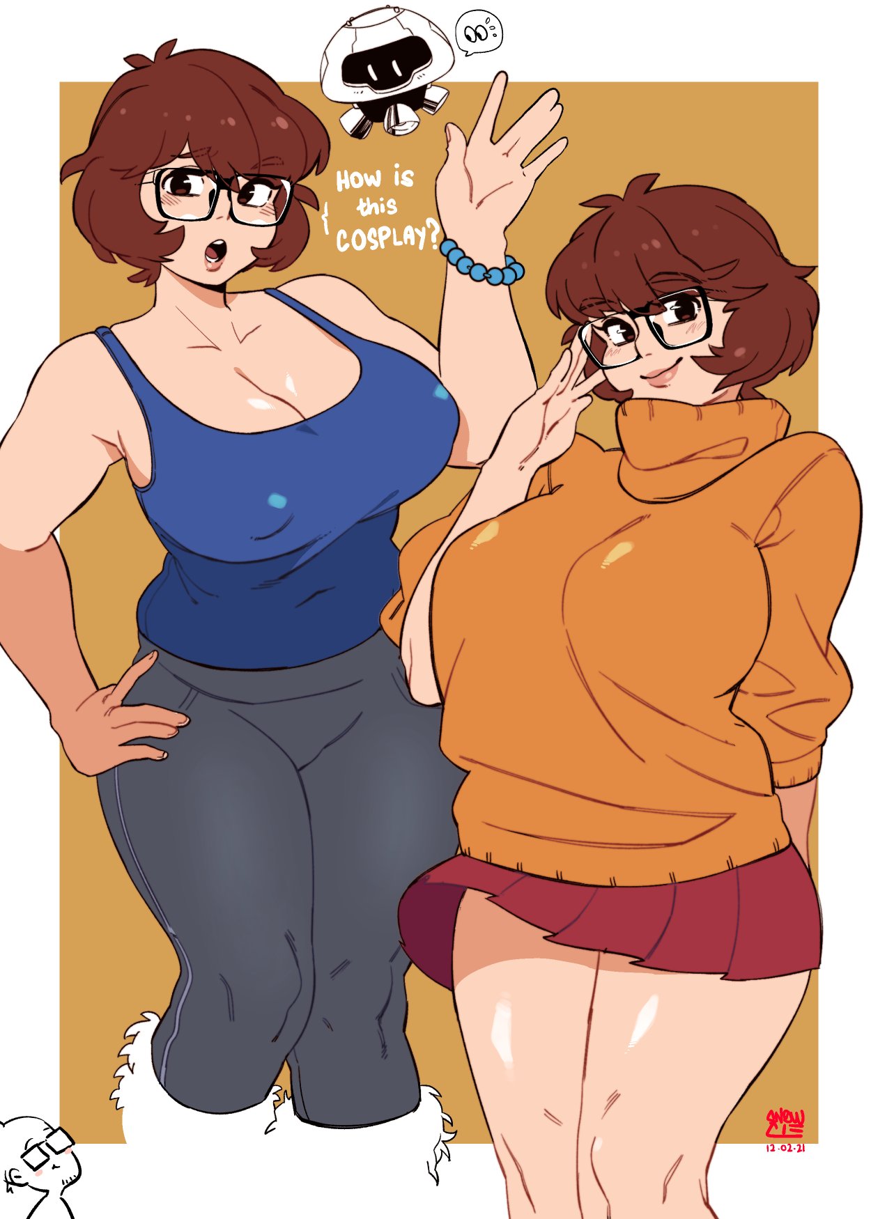 1boy 1girl artist_self-insert bangs breasts brown_hair cleavage cosplay covered_navel covered_nipples english_commentary english_text eyebrows_visible_through_hair glasses highres large_breasts look-alike looking_down mei_(overwatch) mei_(overwatch)_(cosplay) miniskirt orange_sweater original overwatch plump red_skirt robot scooby-doo short_hair skirt snowball_(overwatch) snowcie snowciel sweater tank_top velma_dace_dinkley velma_dace_dinkley_(cosplay) waving wind wind_lift