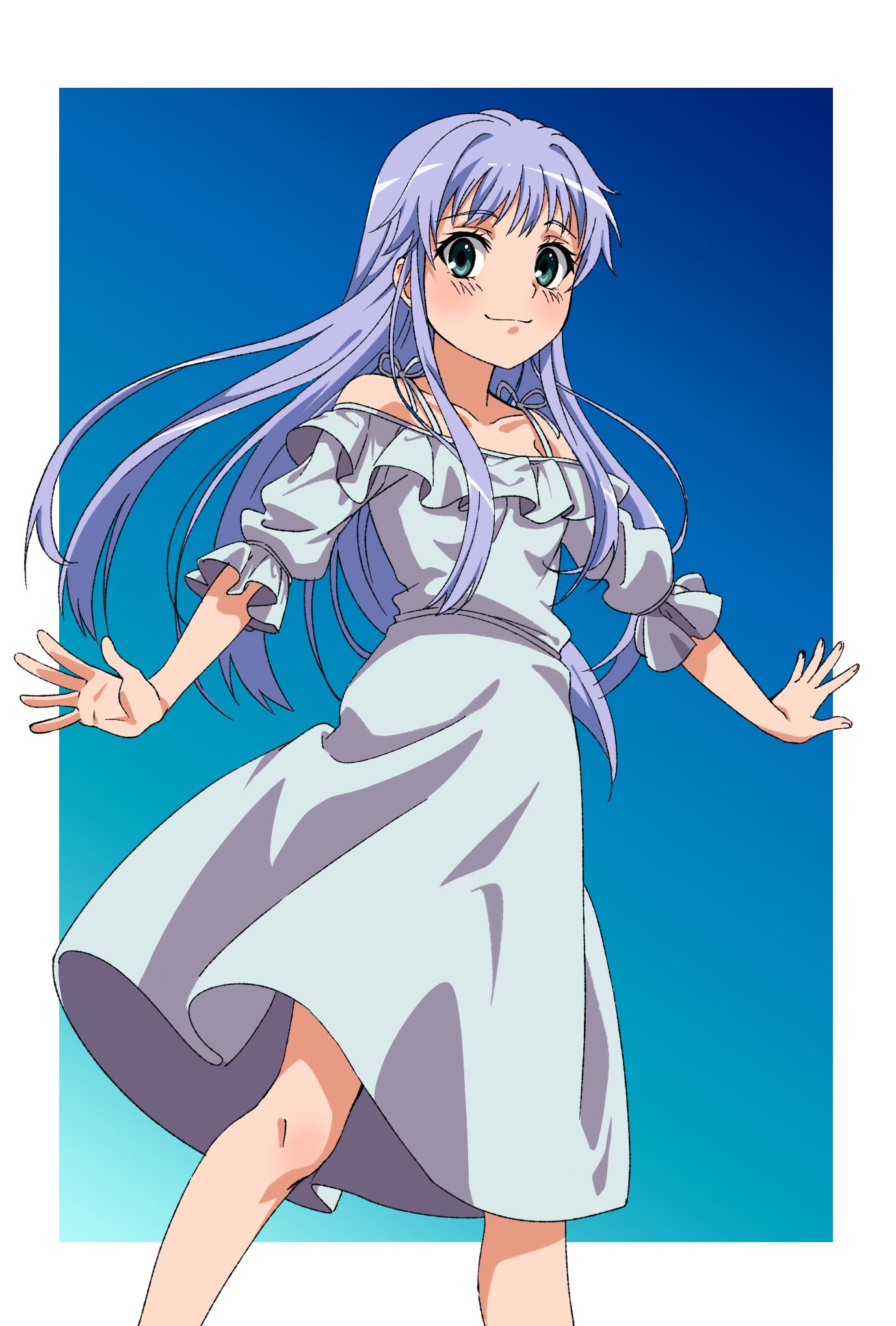 1girl blue_dress blue_hair border closed_mouth collarbone dress floating_hair green_eyes highres index long_hair looking_at_viewer naguramu off-shoulder_dress off_shoulder outside_border shiny shiny_hair smile solo standing straight_hair sundress toaru_majutsu_no_index very_long_hair white_border