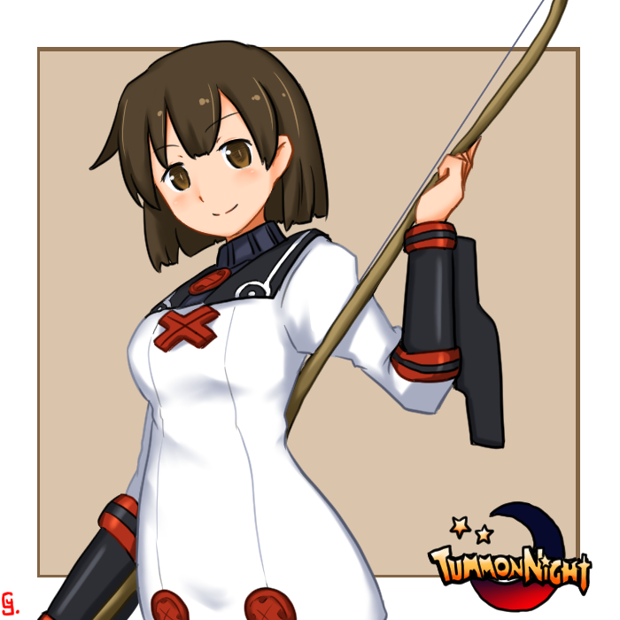 1girl bow_(weapon) brown_eyes brown_hair closed_mouth commentary_request cosplay cowboy_shot cy301 dress hiryuu_(kancolle) kantai_collection logo_parody one-hour_drawing_challenge one_side_up parody short_hair smile solo star_(symbol) summon_night summon_night_2 title_parody toris toris_(cosplay) weapon white_dress yumi_(bow)